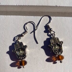 Hamsa Dangle Earrings Silvertone Clear spinner bead fish hook wire 1”